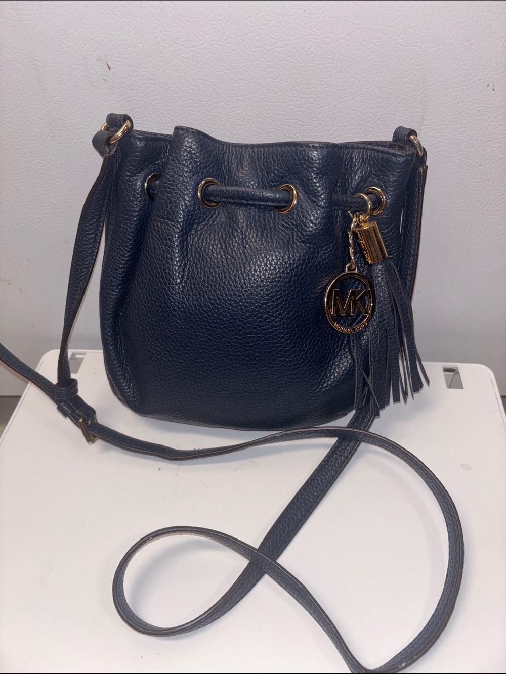 Michael Kors Navy Pebbled Leather Drawstring Crossbody with Tassel